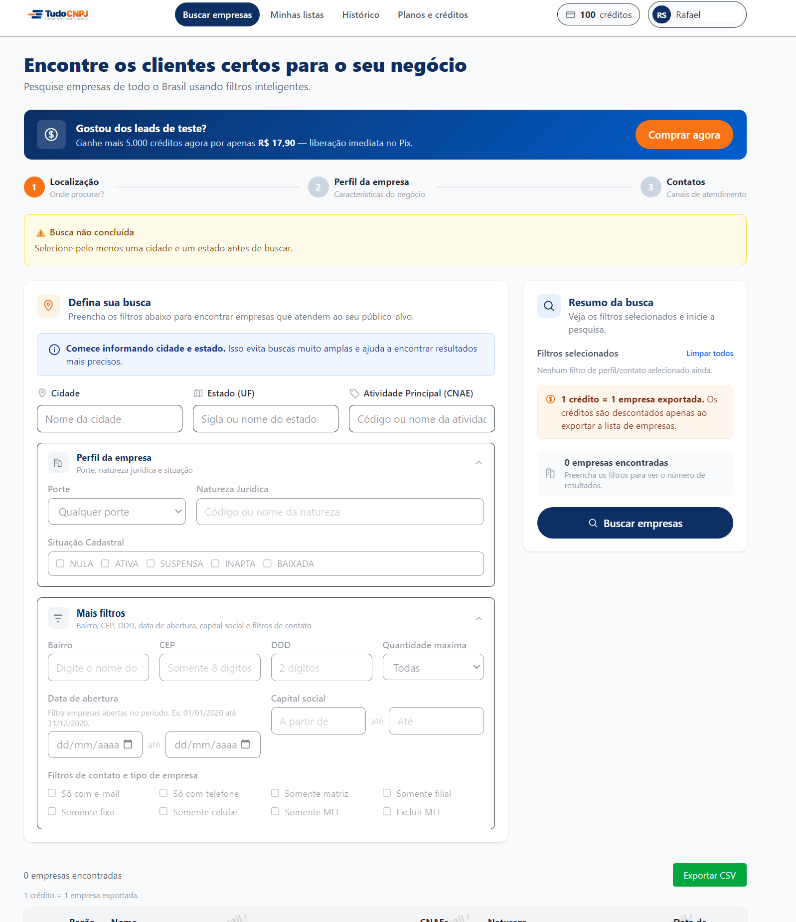 Tela real do TudoCNPJ mostrando busca e filtros de empresas